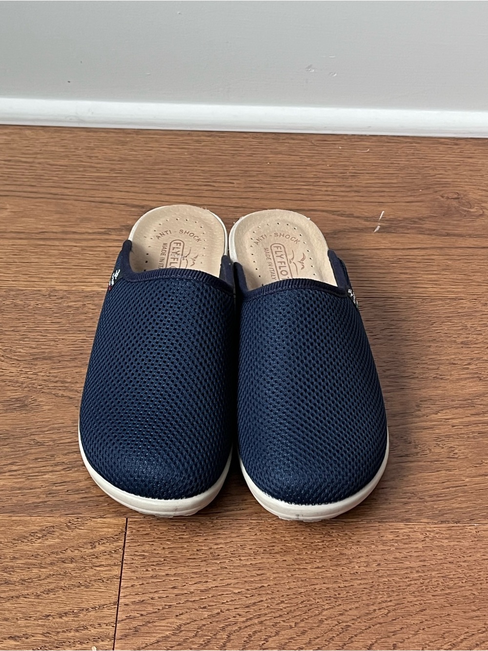 Fly Flot Mules Navy Blue Mesh Clogs Anti Shock Anatomic Slip On Shoes Size 38